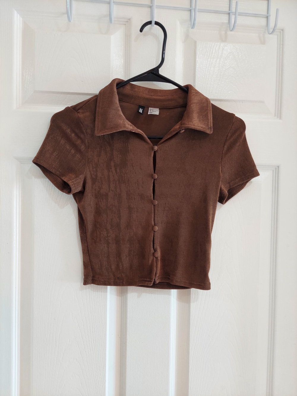 Divided Brown Short-Sleeve Button-Front Collared Crop Top